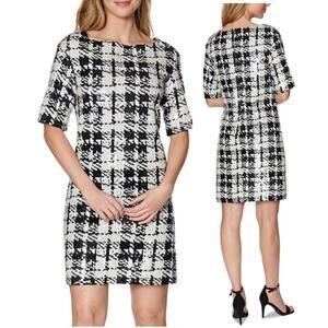 NWT LAUNDRY by Shelli Segal Sequins Houndstooth Sheath Mini Dress Black/White 4